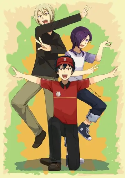 Three anime boys striking energetic poses together