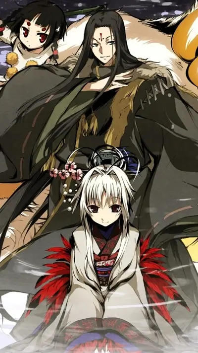 Three anime characters standing, dark garments, white hair, child with braided pigtails