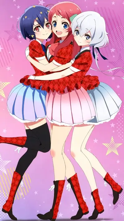 Three anime girls hugging and wearing cute outfits