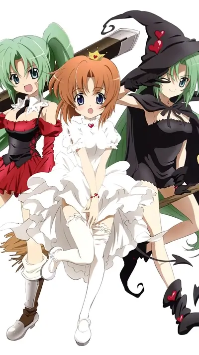 Three anime girls in whimsical outfits with a playful, lighthearted feel