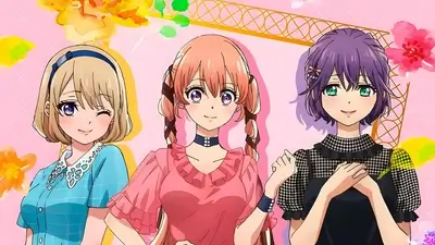 Three anime girls posing against a light pink background
