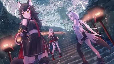 Three anime girls walking up a staircase at night