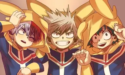 Three boys wearing yellow bunny ear hoodies and U.A. gym uniforms