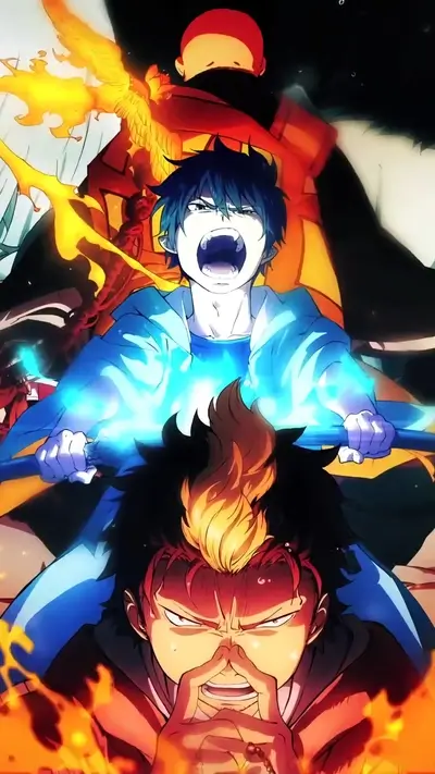 Three characters engulfed in flames and light