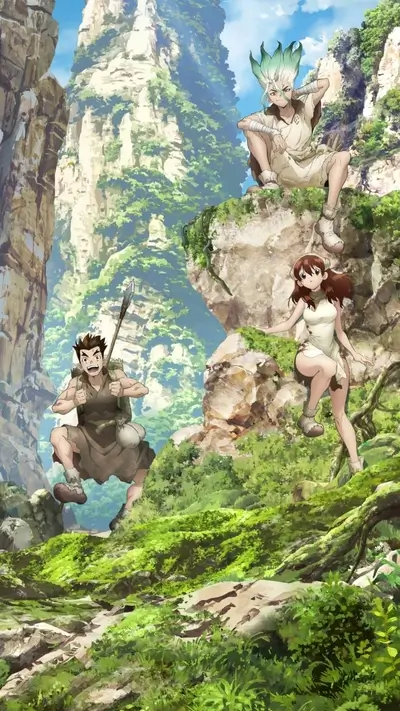 Three characters exploring a mountainous landscape
