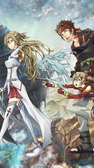 Three characters in a fantasy setting, one holding a sword