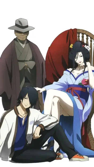 Three characters in a scene from a Japanese animation