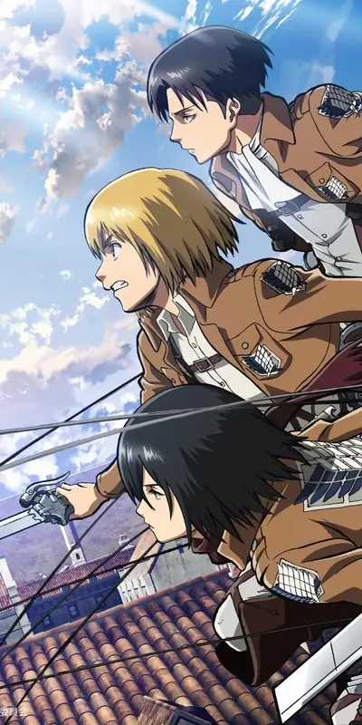 Three characters in military uniforms running on rooftops