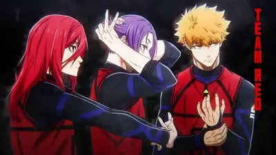 Three characters in red uniforms, dramatic pose
