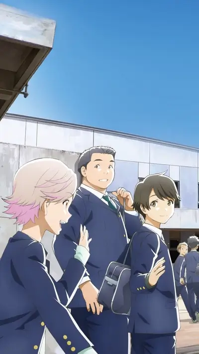 Three characters in school uniforms walking outside a building