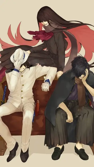 Three characters seated in thoughtful poses