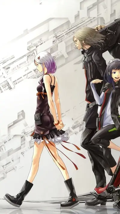 Three characters walking futuristic architecture