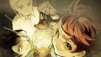 Three children gazing at a lantern filled with their friends