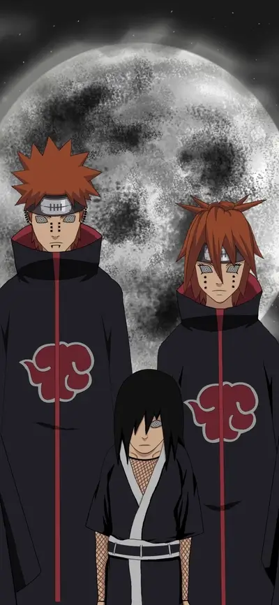 Three children stand before a large moon
