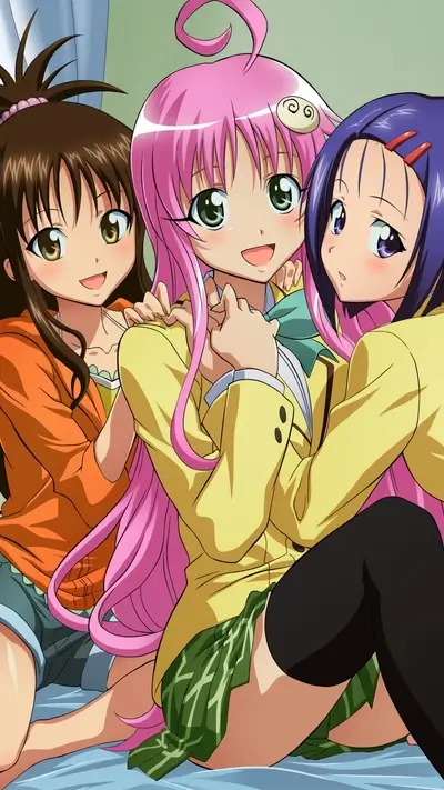 Three cute anime girls in school uniforms posing for a picture