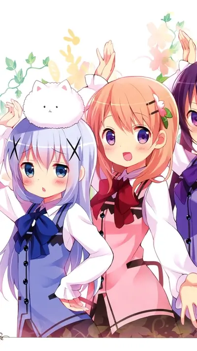 Three cute anime girls with white and colorful backgrounds