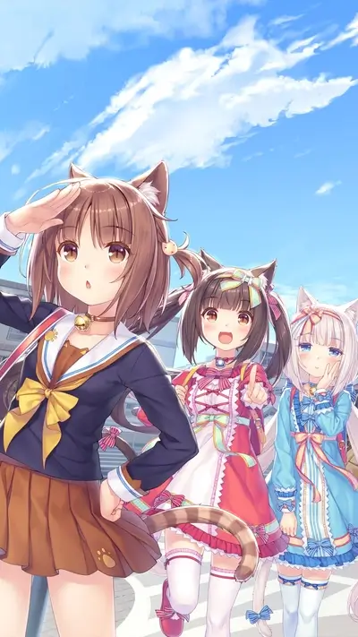 Three cute catgirls in school uniforms walking