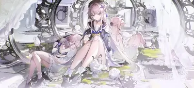 Three ethereal figures surrounded by flowers and butterflies in a dreamlike setting
