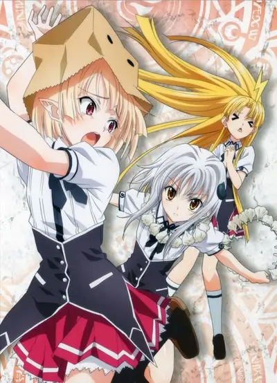 Three female characters from High School DxD, one with a paper bag on her head