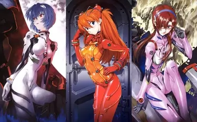 Three female characters in form-fitting suits, futuristic, science fiction illustration, poses different, facing forward