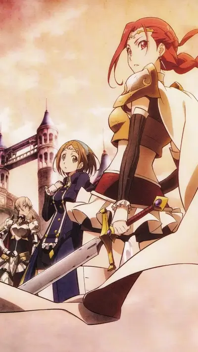 Three female characters, swords, and a castle background