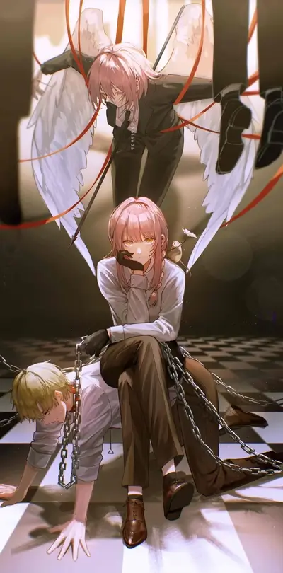 Three figures, chains, wings, and a checkered floor