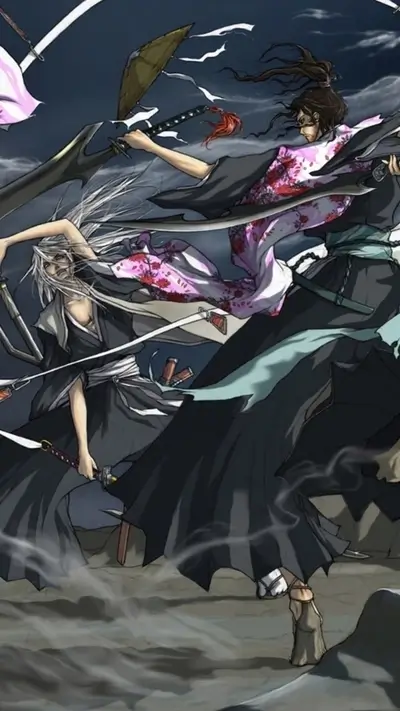 Three figures in kimonos wielding swords