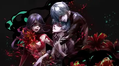 Three figures surrounded by flowers, red eyes, and sinister energy