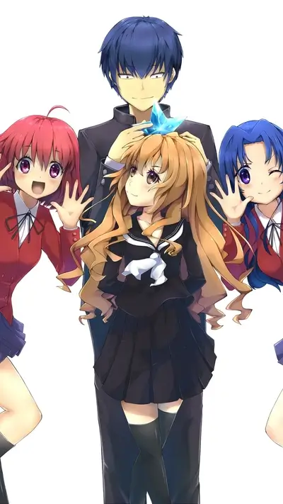 Three girls and a boy in school uniforms