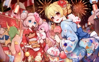 Three girls in yukatas at a summer festival