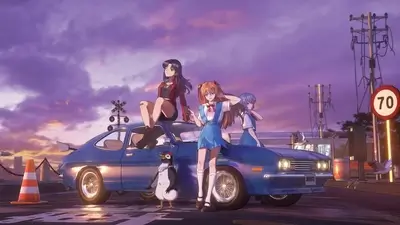 Three girls posing on a vintage car at sunset