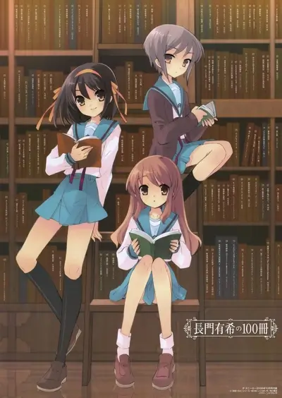 Three girls reading books in a library