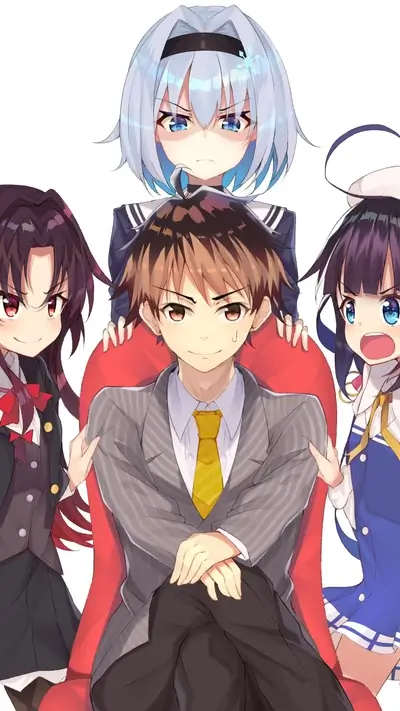 Three girls surrounding a boy in a suit