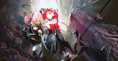 Three girls with different colored hair in a fantasy setting
