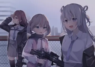 Three girls with guns standing