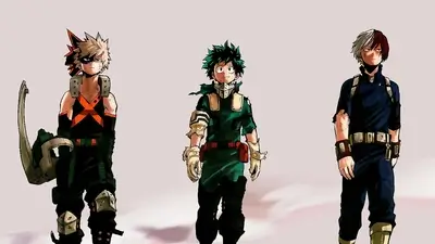 Three heroes in distinctive battle costumes standing side by side