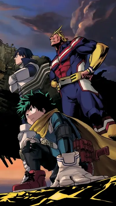 Three heroes standing together, sunset in the background