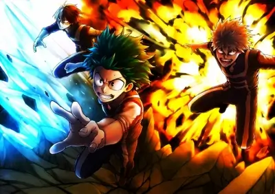 Three heroes unleashing powers, ice, fire, and green energy burst