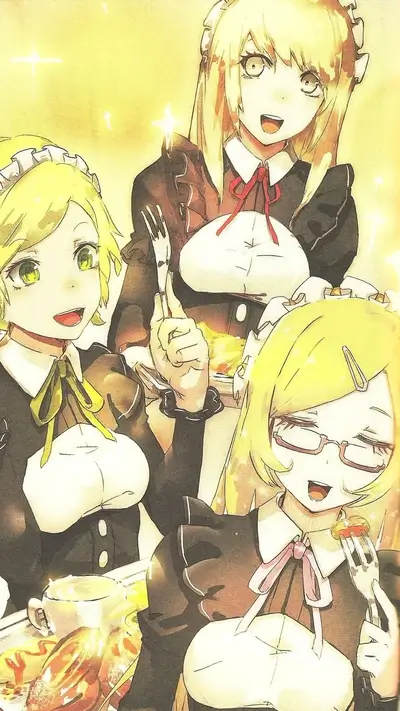 Three maids enjoying a meal together