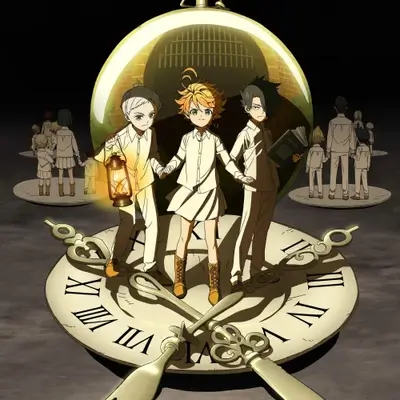 Three main characters holding hands, standing on a clock face