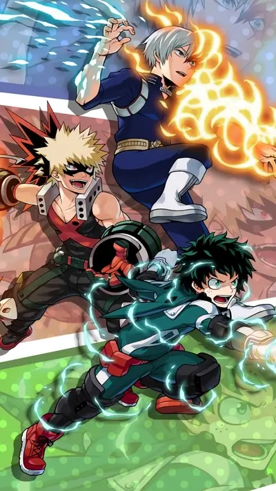 Three My Hero Academia characters in action poses