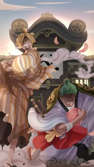 Three One Piece characters in a dramatic scene