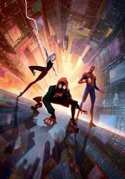 Three Spider-people on a futuristic city rooftop