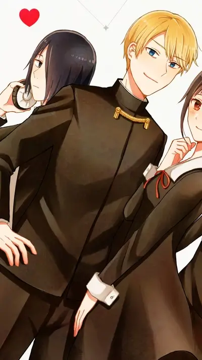 Three students in school uniforms, one holding a clock