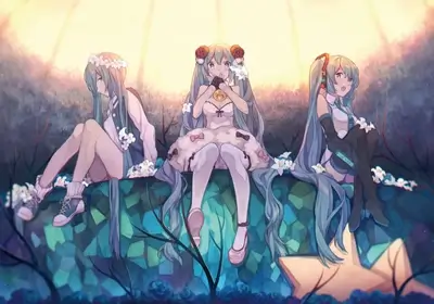 Three Vocaloid girls sitting on a rock