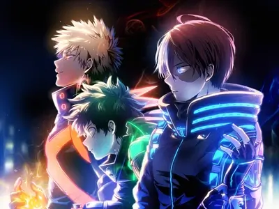 Three young heroes in futuristic stealth suits side by side