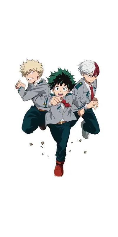 Three young male heroes running forward together in school uniforms