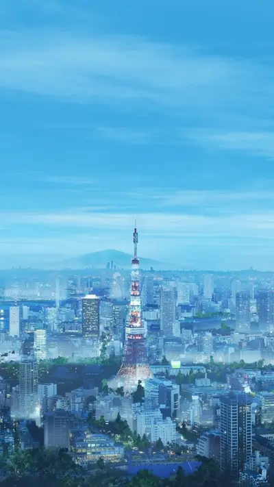 Tokyo cityscape at twilight, with Tokyo Tower prominent