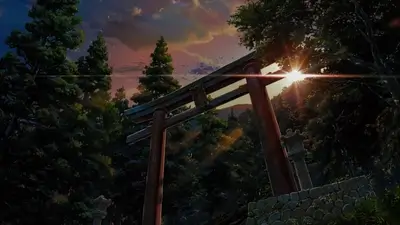 Torii gate at twilight, sun peeking, surrounded by trees and stone lanterns.