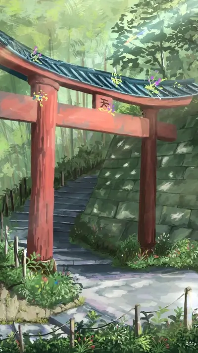Torii gate leading to stone steps in a forest